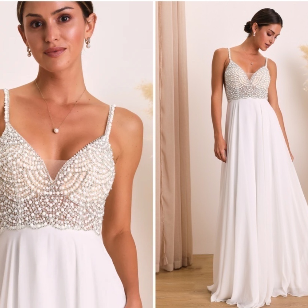 LULU's Stunning Rhinestone Sexy Romantic Flowy Elegant Wedding Gown NWOT - Picture 3 of 9